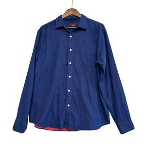 UNTUCKit Mens XL Navy Blue Cotton Long Sleeve Button Down Shirt Red Hem Lining